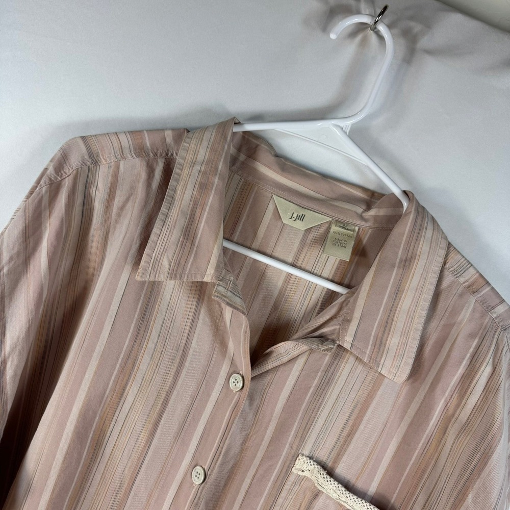 J. Jill Striped Cotton Lace Trim Button Down Shirt Womens 2X Pink Tan 22-2025